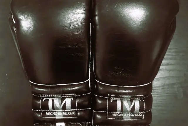 A pair of black leather boxing gloves hanging side by side